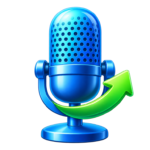 Blue microphone with a green arrow, representing renewed Amolto development