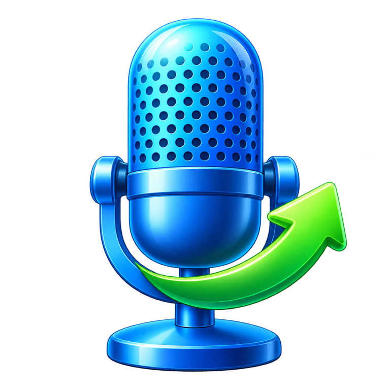 Blue microphone with a green arrow, representing renewed Amolto development